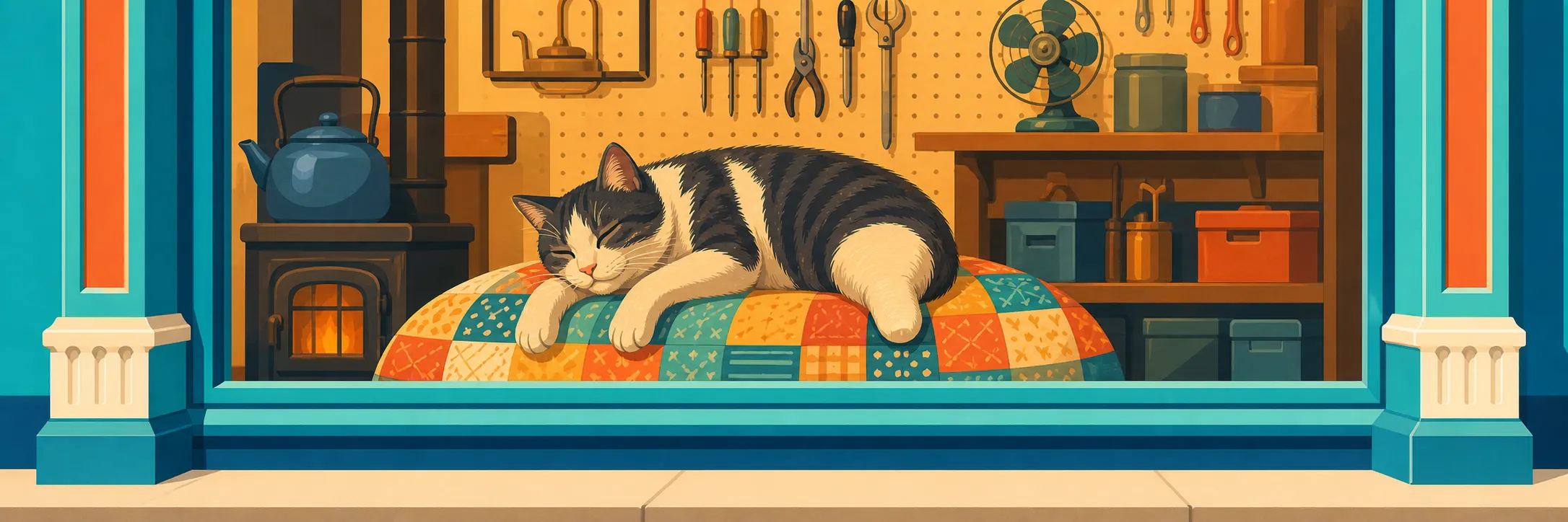 Bus, a three-legged black-and-white cat, sleeps on a colorful patchwork quilt in the repair-shop window.