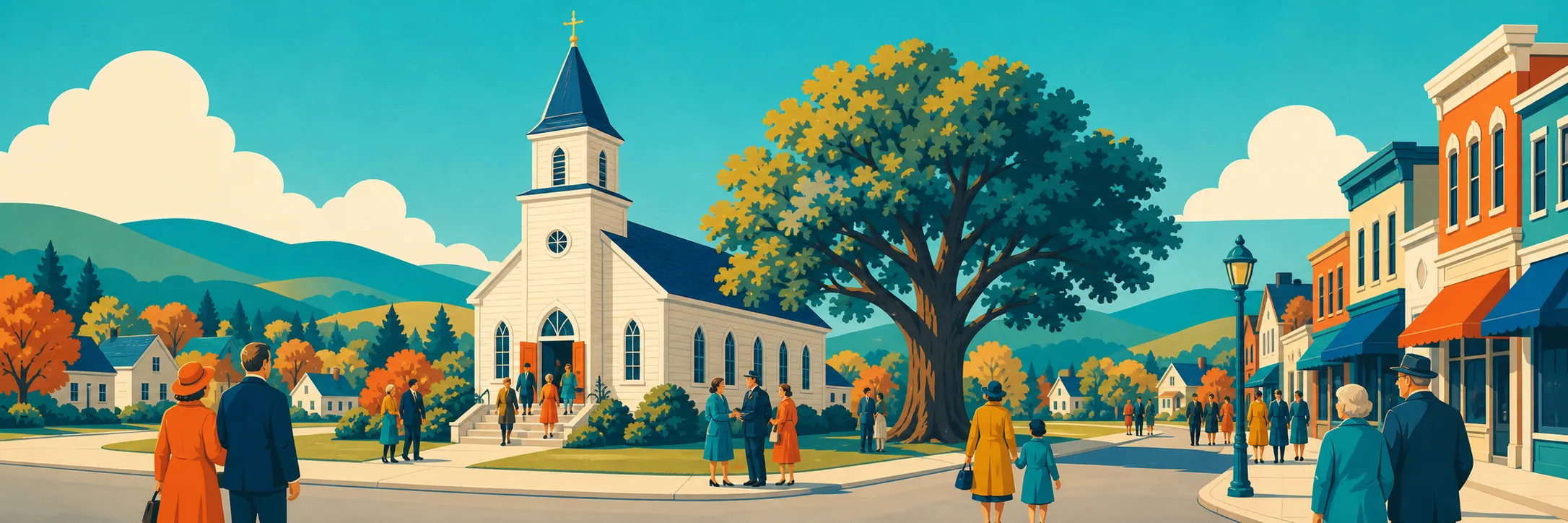 Townspeople gather outside the white clapboard Lutheran church beside its enormous old elm, with green hills beyond.