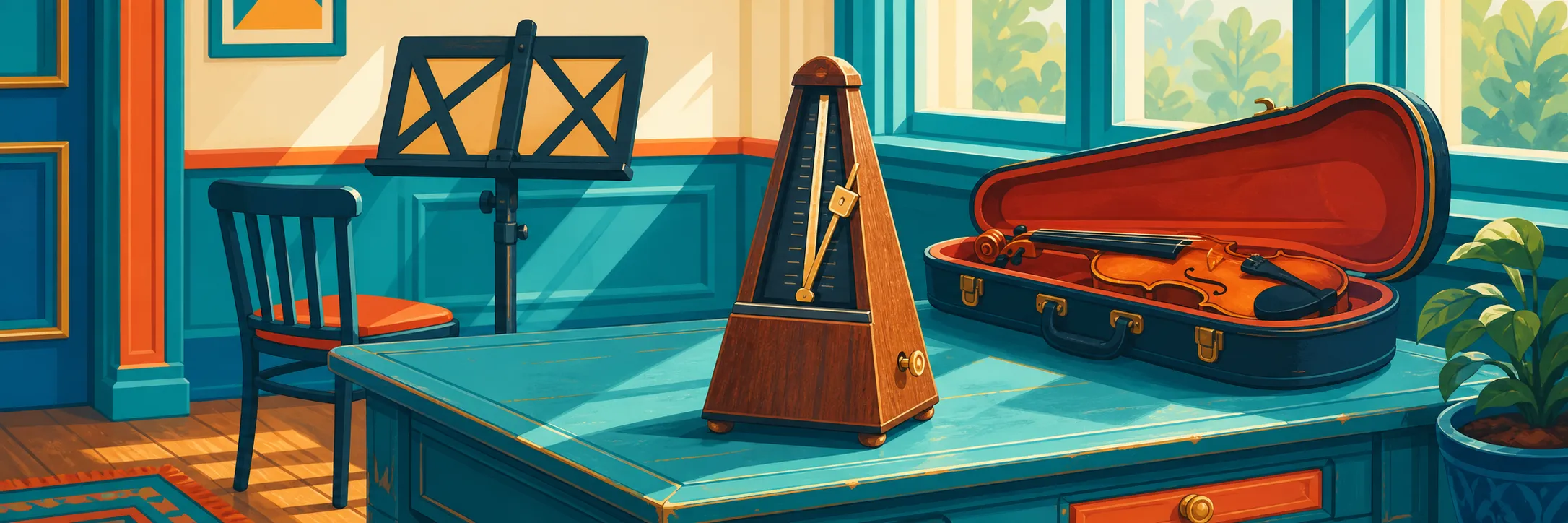 Stylized panoramic illustration of metronome in Gault Mills.