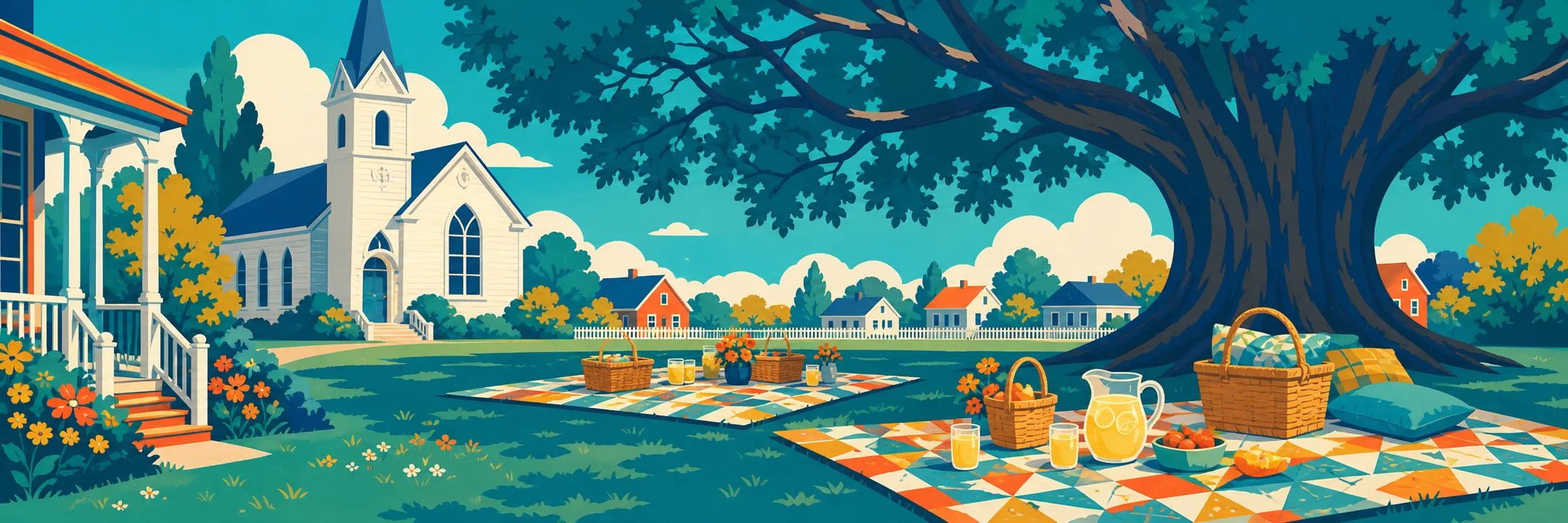 Stylized panoramic illustration of church summer picnic in Gault Mills.